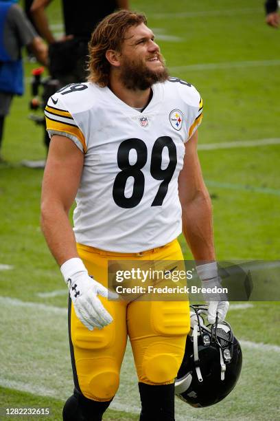 Vance McDonald of the Pittsburgh Steelers leaves the field after a 27-24 victory over the Tennessee Titans at Nissan Stadium on October 25, 2020 in...