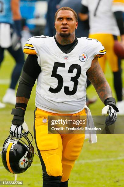 Maurkice Pouncey of the Pittsburgh Steelers leaves the field after a 27-24 victory over the Tennessee Titans at Nissan Stadium on October 25, 2020 in...