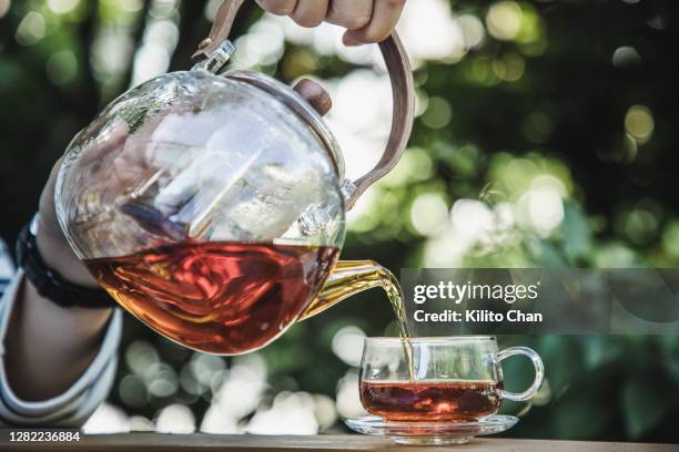 asian woman enjoying a cup of hot black tea - tè nero foto e immagini stock