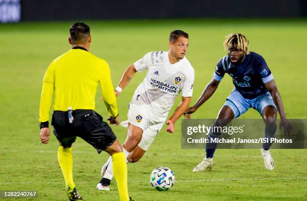 Javier "Chicharito" Hernandez of the Los Angeles Galaxy moves with the ball during a game between Vancouver Whitecaps and Los Angeles Galaxy at...