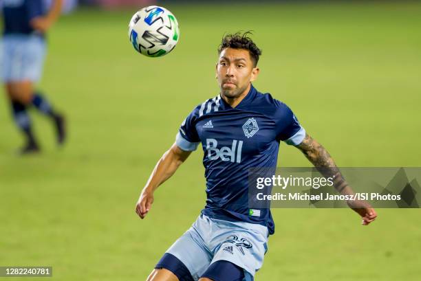 Erik Godoy of the Vancouver Whitecaps moves to the ball during a game between Vancouver Whitecaps and Los Angeles Galaxy at Dignity Heath Sports Park...