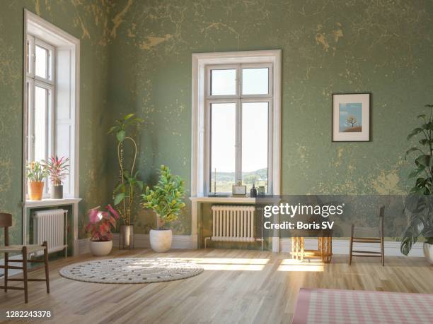 old living room in peeling olive green - green room stockfoto's en -beelden