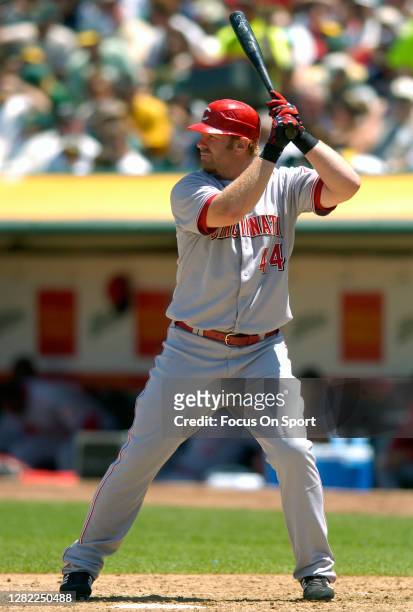Adam Dunn of the Cincinnati Reds bats against the Oakland Athletics during an Major League Baseball game June 20, 2007 at the Oakland-Alameda County...