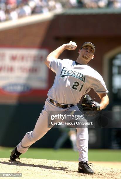 Josh Beckett of the Florida Marlins pitches against the San Francisco Giants during an Major League Baseball game August 24, 2003 at AT&T Park in San...