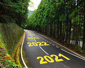 Ten years from 2021 to 2030 on highway road and white marking lines in the forest