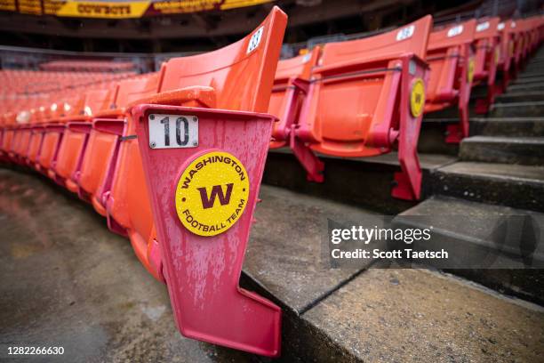 General view of an empty section of seats with a Washington Football Team logo before the game between the Washington Football Team and the Dallas...