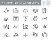 3d vr design line icons. Vector illustration included icon - virtual augmented reality, glasses, ar simulator, printer, prototype outline pictogram for ar. 64x64 Pixel Perfect Editable Stroke