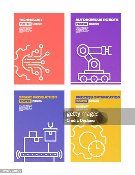 industry 4.0 related modern line style vector illustration - manufacturing machinery stock illustrations