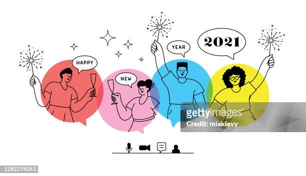 neujahr online-party 2021 - grüßen stock-grafiken, -clipart, -cartoons und -symbole