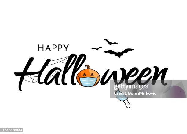 stockillustraties, clipart, cartoons en iconen met de belettering van halloween met knuppels en pompoen die masker dragen. vector - web banner template