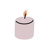 Cute hygge home decoration Burning wax paraffin aromatic candle for aroma therapy. Holiday decorative design element. Hand drawn vector illustration.