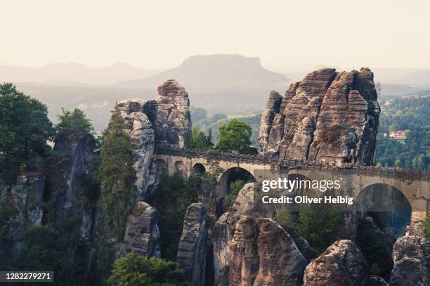 bastei bridge at elbe sandstone mountains near rathen village. saxon switzerland national park. germany - saxony stock pictures, royalty-free photos & images