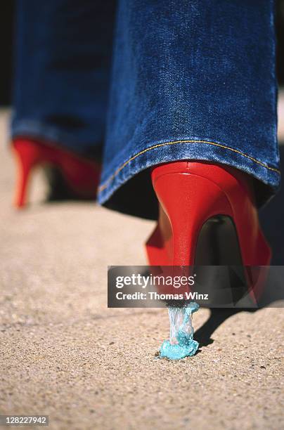 bubble gum stuck to high heel - high heels stock pictures, royalty-free photos & images