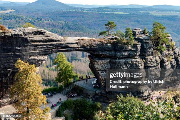 view to pravčická brána (prebischtor), bohemian switzerland, czech republic - czech switzerland stock pictures, royalty-free photos & images