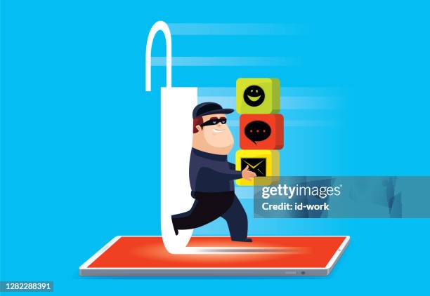 cyber hacker stealing data from unsafe smartphone - walking away from computer stock illustrations