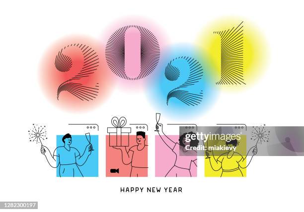 new year 2021 online celebration - virtual party stock illustrations