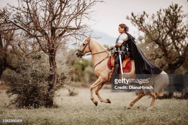 medieval fantasy knight riding on his palomino horse from right to left - cavaleiro imagens e fotografias de stock