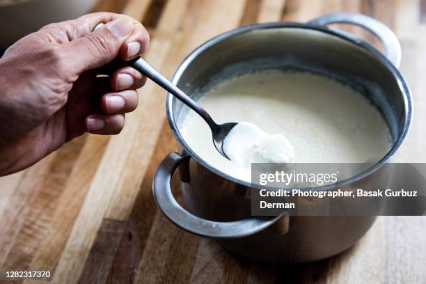 a man's hand holding a spoon full of homemade yogurt - yoghurt pot stock-fotos und bilder