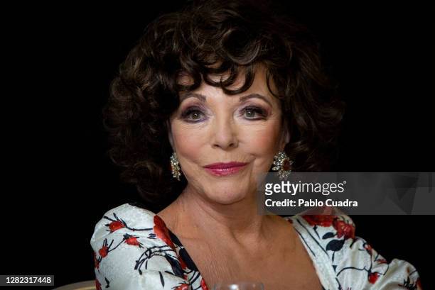 British actress Joan Collins attends 'Glow & Darkness' photocall at The Westin Palace hotel on October 26, 2020 in Madrid, Spain.