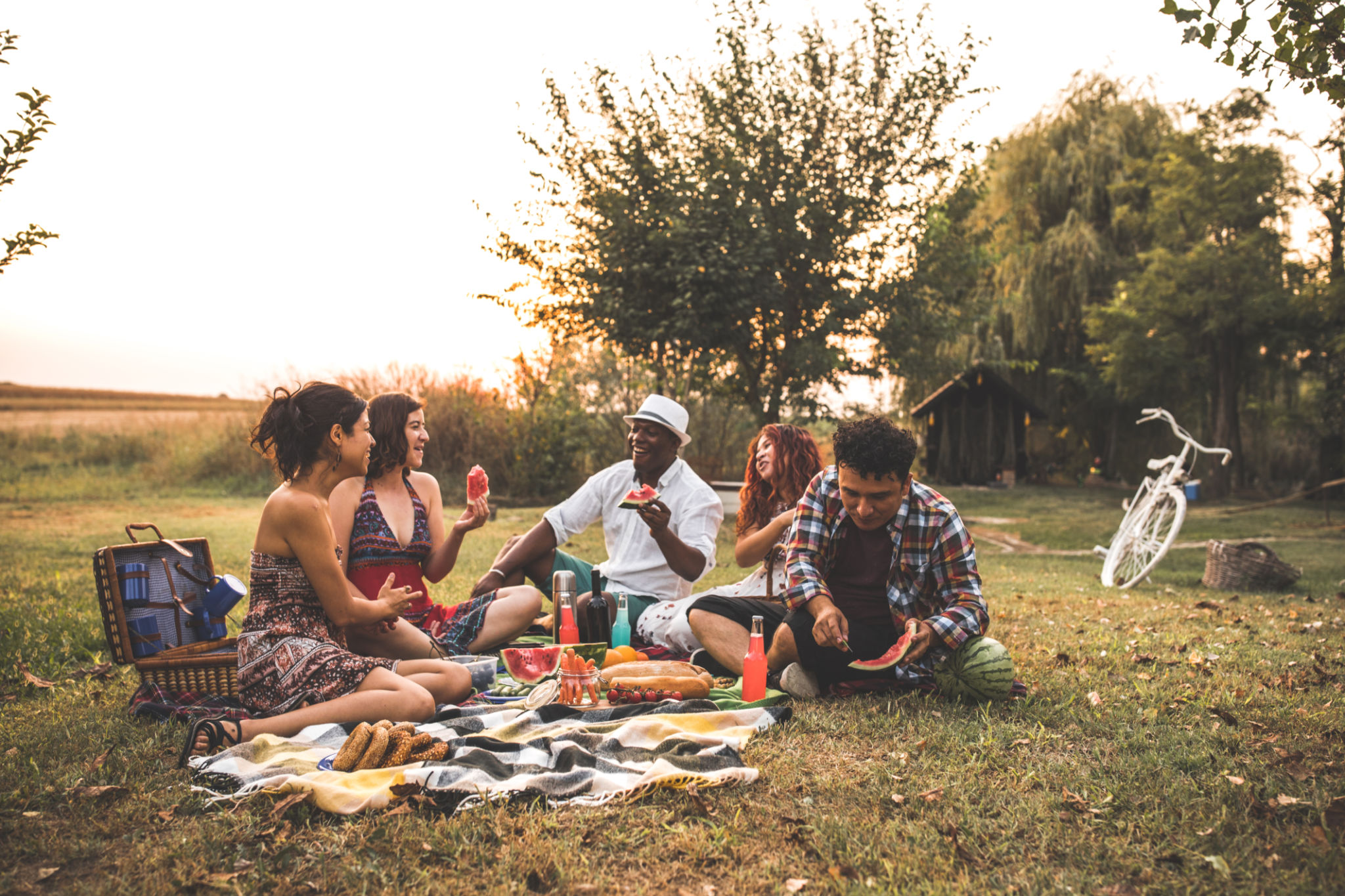 Wide shot of non-urban area where a group of lively friends sit on the grass to make a picnic and enjoy fresh and healthy food.