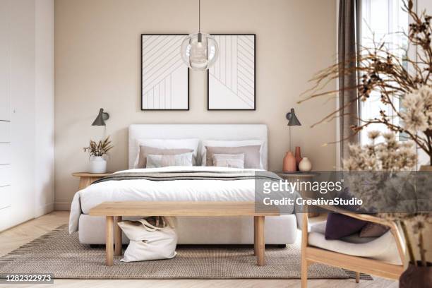 scandinavian bedroom interior - stock photo - bedding stock pictures, royalty-free photos & images