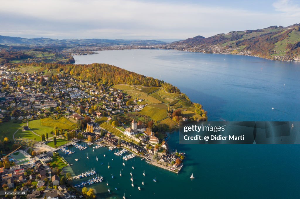 Aerial view of the Spiez village, with its medieval old town, by lake Thun in Switzerland