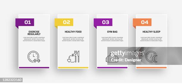 fitness and workout related process infographic template. process timeline chart. workflow layout with linear icons - runner stretching stock illustrations