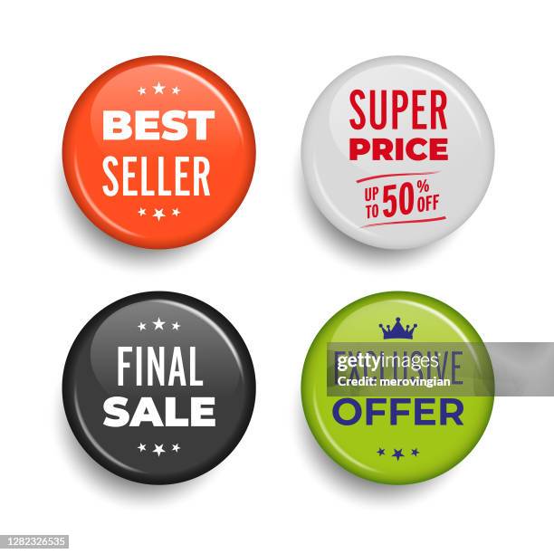 sales pin badges - 3 d button stock illustrations