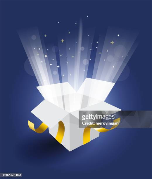 magische geschenkbox auf blauem hintergrund - geschenkkarton stock-grafiken, -clipart, -cartoons und -symbole