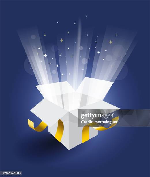 illustrazioni stock, clip art, cartoni animati e icone di tendenza di scatola regalo magica su sfondo blu - confezione regalo
