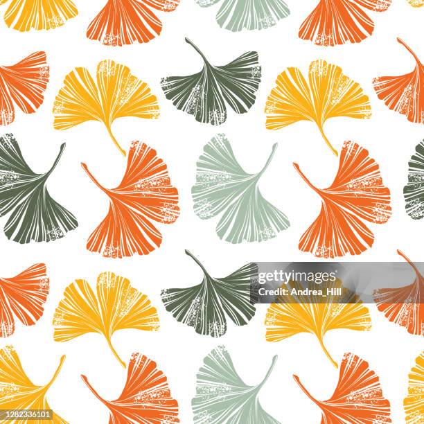 illustrations, cliparts, dessins animés et icônes de linocut woodcut ginkgo leaf retro unamless pattern - vector eps10 illustration - médecine chinoise par les plantes