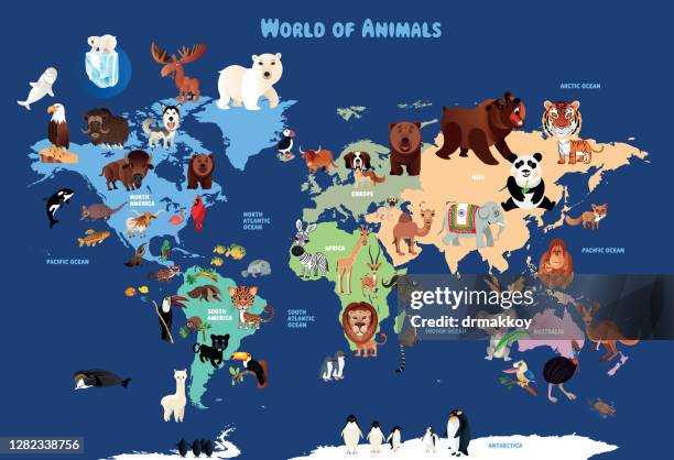 stockillustraties, clipart, cartoons en iconen met wereld cartoon kaart - sledehond