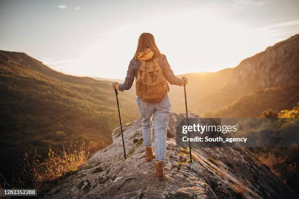 mujer haciendo senderismo en un hermoso día de otoño - zapatos marrones fotografías e imágenes de stock