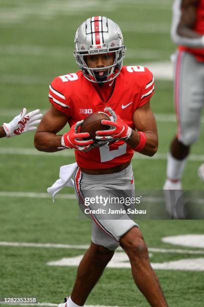 Chris Olave of the Ohio State Buckeyes in action against the Nebraska Cornhuskers at Ohio Stadium on October 24, 2020 in Columbus, Ohio.