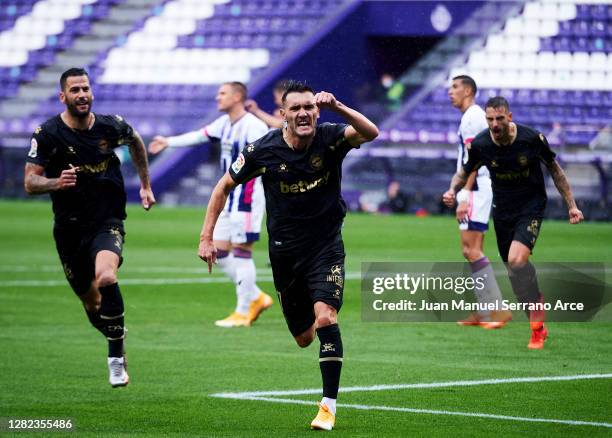 Lucas Perez of Deportivo Alaves celebrates a canceled goal during the La Liga Santander match between Real Valladolid CF and Deportivo Alavés at...