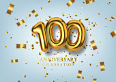 100th Anniversary celebration. Number in the form of golden balloons. Realistic 3d gold numbers and sparkling confetti, serpentine. Horizontal template for Birthday or wedding event. Vector illustration.