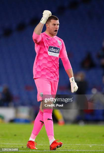 Sam Johnstone of West Bromwich Albion celebrates their first goal during the Premier League match between Brighton & Hove Albion and West Bromwich...