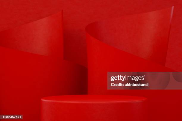 3d empty product stand, platform, podium, red background - red pedestal stock pictures, royalty-free photos & images