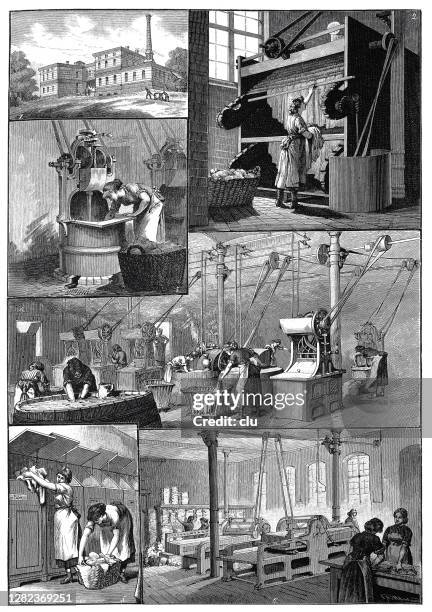 in the steam washing facility of the berlin charité hospital - clothes wringer stock illustrations