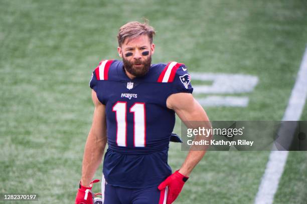 Julian Edelman of the New England Patriots prior to the start of the game against the San Francisco 49ers at Gillette Stadium on October 25, 2020 in...