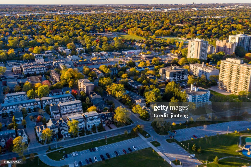 Aerial Oakville townscape and Bronte Creek at the lakeside of Lake Ontario, Regional Municipality of Halton, Canada