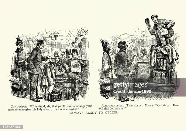 obtuse rude railway passenger taking up two seats, victorian cartoon - railroad conductor stock illustrations