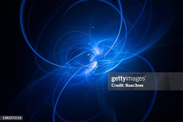 swirl of glowing electric lines - abstract digital art - black background technology stockfoto's en -beelden