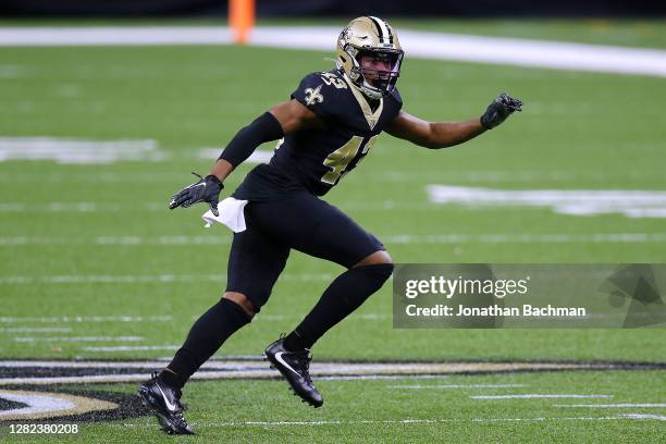 Marcus Williams of the New Orleans Saints in action against the Carolina Panthers during a game at the Mercedes-Benz Superdome on October 25, 2020 in...