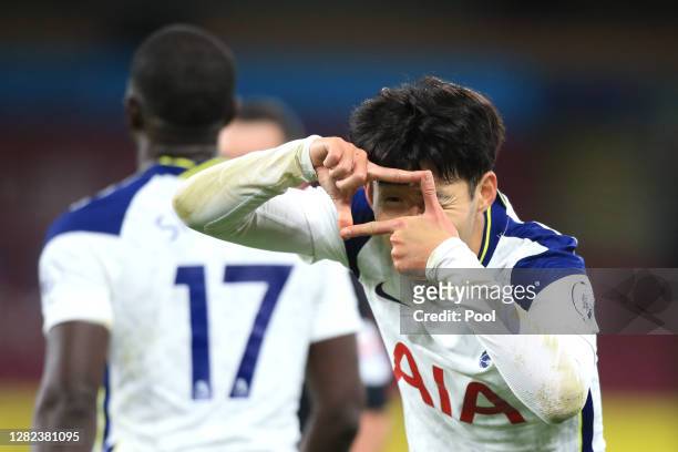 Son Heung-Min of Tottenham Hotspur celebrates after scoring his team's first goal during the Premier League match between Burnley and Tottenham...