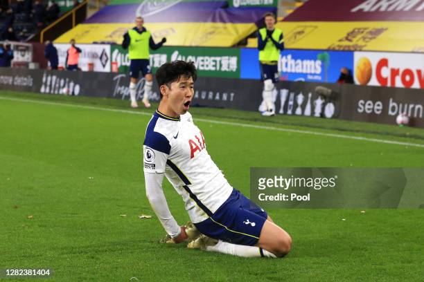 Son Heung-Min of Tottenham Hotspur celebrates after scoring his team's first goal during the Premier League match between Burnley and Tottenham...