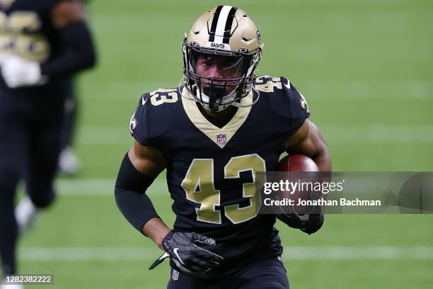 Marcus Williams of the New Orleans Saints in action against the Carolina Panthers during a game at the Mercedes-Benz Superdome on October 25, 2020 in...