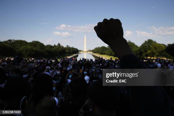 mano alzata durante la protesta a washington d.c. - national monument foto e immagini stock