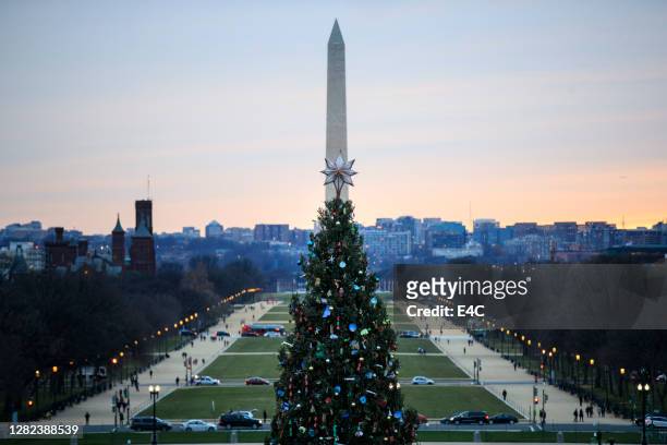 a view of the washington monument, national mall and capitol christmas tree - washington monument washington dc stock pictures, royalty-free photos & images