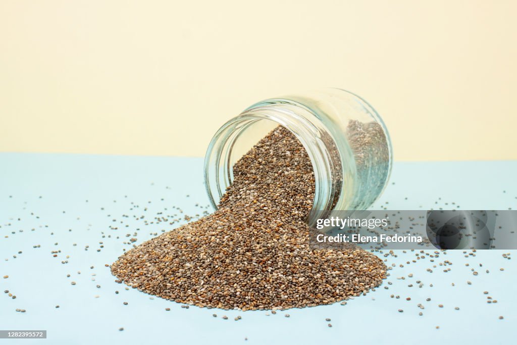 Chia seeds in a glass jar.